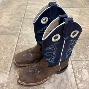 Old West BSC1971 Kids Cowboy Boots Brown Navy Blue Square Toe Leather Size 2.0 D